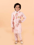 Pspeaches Kids-Boys Pink Floral Printed Pure Cotton Kurta With Trousers And Nehru Jacket