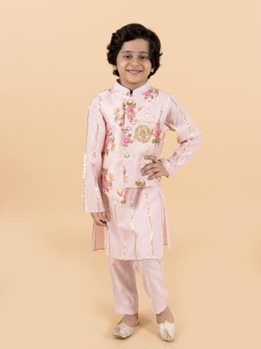 Pspeaches Kids-Boys Pink Floral Printed Pure Cotton Kurta With Trousers And Nehru Jacket