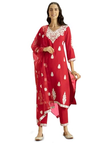 Kaari Rayon Staple 3 PCS Women Kurta Set (KAAAW24WSKD-82023_Indian Chilli Red