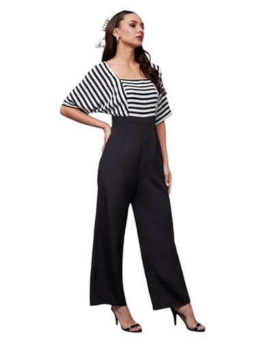 Miss Chase WomenS Square Neck Half Sleeve Striped Jumpsuit (Mcss24D19-55-98-04, Black & White, M)