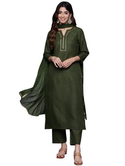 Varanga WomenS Olive Green Gota Embellished Straight Kurta Paired With Tonal Bottom & Dupatta