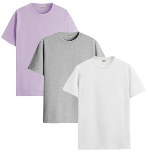 ADRO Men's Solid Regular Fit T-Shirt (RCM3-PLN-PU-WH-GR_Purple,White,Grey