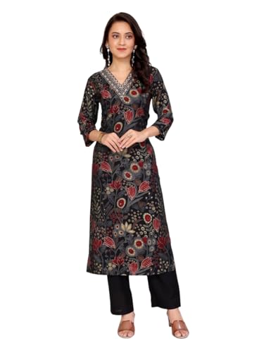 Rangita Black Viscose Embroidered Straight Calf Length Kurta With Pant | Kurta Set For Women_L