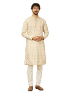 Manyavar Beige Blended Cotton Printed|Embroidery|Zari Kurta Pyjama Set For Men