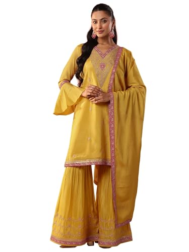 Libas Womens Embroidered Chinon Straight Kurta With Sharara And Dupatta