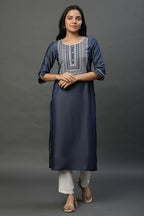 Aurelia WomenS Solid Thread Embroidery Straight Kurta | Round Neck Kurta For Women | Solid Kurta For Women | Beautiful Regular F