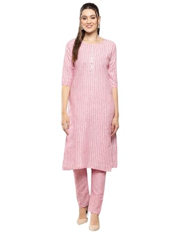 Aarika Womens Ethnic Wear Peach Colour Strips Print Mirror Embroidery Cotton Kurti & Pant (L-Xxl)