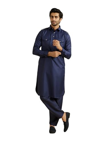Manyavar MenS Rayon Blend Solid Pathani Kurta Churidar Set (Dark Blue,Xl)