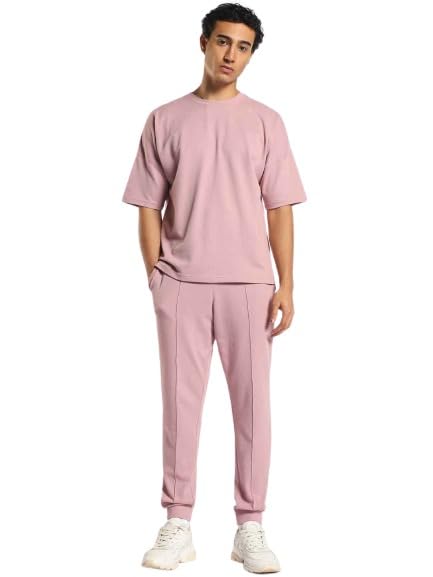Nobero MenS Mauve Oversized Moses Co-Ord Set - Pink Popcorn Textured Co-Ord Set - Crew-Neck T-Shirt & Joggers Set - Oversized F
