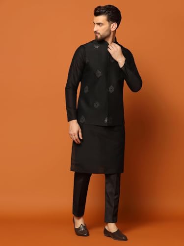 Kisah MenS Kurta Jacket Trousers Set Cotton Blend, Embroidered, Full Sleeves, Straight, Regular Fit, Mandarin Collar Ethnic Cas