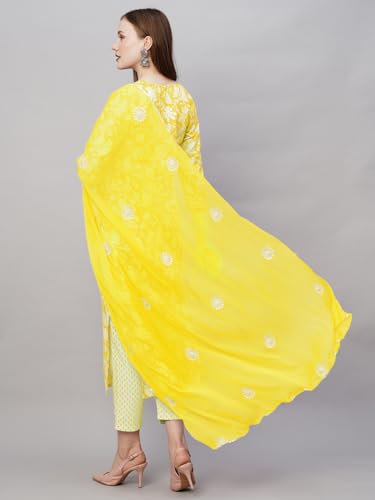 ANNI DESIGNER Womens Cotton Blend Straight Printed Kurta with Pant & Dupatta (MEI Yellow-NW_L_Yellow_Large)