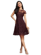 Miss Chase WomenS Round Neck Cap Sleeves Lace Knee Long Skater Dress (Mcss25D93-52-640-03, Burgundy, S)