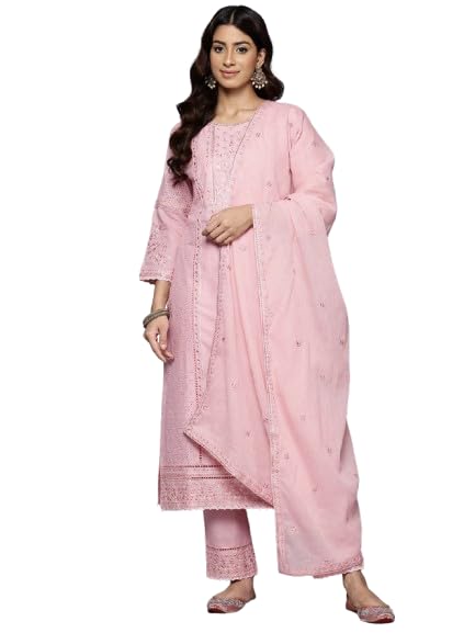 Varanga Women'S Peach Floral Thread Embroidered Sequins Embellished With Lace Deatiled Kurta With Bottom And Dupatta
