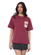 The Souled Store Oversized T-Shirt: Emergency Women and Girls Short Sleeves Round Neck Red Embellished Cotton Oversized T-Shirts