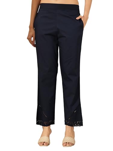 Libas Womens Self Design Cotton Trousers For Women Blue