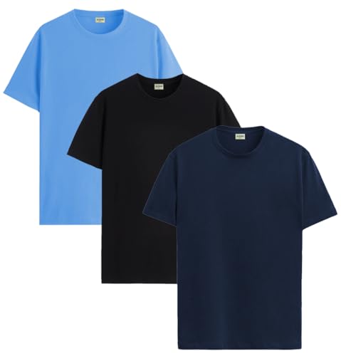 ADRO Men's Solid Regular Fit T-Shirt (RCM3-PLN-BL-NB-SK_Black,Navy,Sky Blue