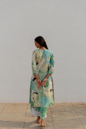 ANNI DESIGNER Womens Cotton Blend Straight Printed Kurta with Palazzo (Swans See Green_M_See Green_Medium)
