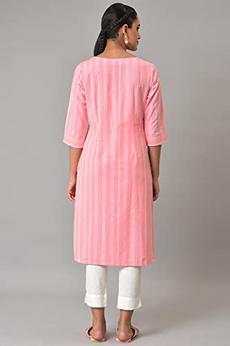 Aurelia Women'S Cotton Pink Stripes Round Neck Straight Kurta