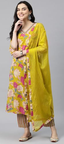 ANNI DESIGNER Womens Cotton Blend Straight Printed Kurta with Pant & Dupatta (GANITA Mustard_XXL_Mustard_XX-Large)
