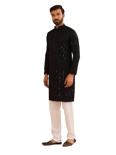 Sojanya (Since 1958 MenS Pure Cotton Black Embroidered Sequined Kurta And White Pyjama Set