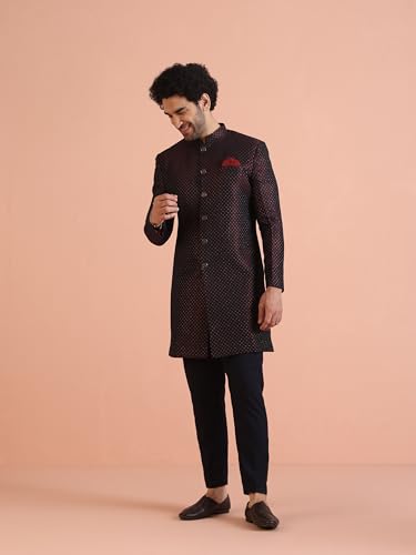 Kisah MenS Maroon And Navy Blue Indo-Western Sherwani Trousers Set, Cotton Full Sleaves, Knee Length, Straight, Regular Fit, Ma