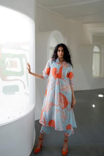 ANNI DESIGNER Womens Cotton Blend Anarkali Printed Regular Fit Kurta with Pant (Santra Orange_S_Orange_Small)