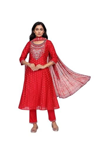Aurelia WomenS Geometric Foil Print Embroidered Anarkali Woven Kurta With Trouser And Dupatta Set - Red (As16263-706012-Xxl)
