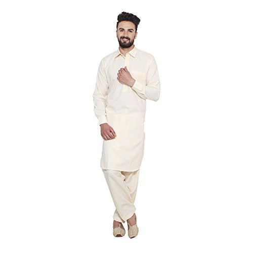 Sojanya (Since 1958, MenS Fawn Cotton Blend Pathani Kurta & Salwar Set, Size: M