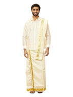 Manyavar Mens Cream Art Silk Solid Kurta Veshti Set
