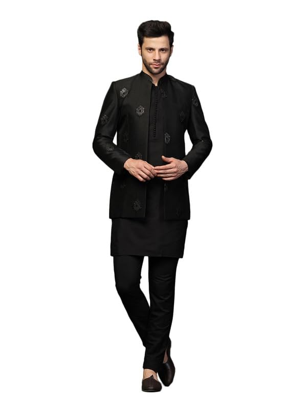 Kisah MenS Mid Kurta Jodhpuri Bandhgala-Blazer Trouser Set, Black Cotton Blend, Embellished Regular Fit Mandarin Collar Long Sl