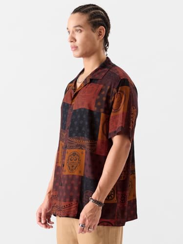 The Souled Store Official Iron Man: Pattern Men And Boys Short Sleeves Collared Neck Button Front Red All Over Printed Regular Fit Rayon Casual Streetwear Trendy Stylish Summer Shirt