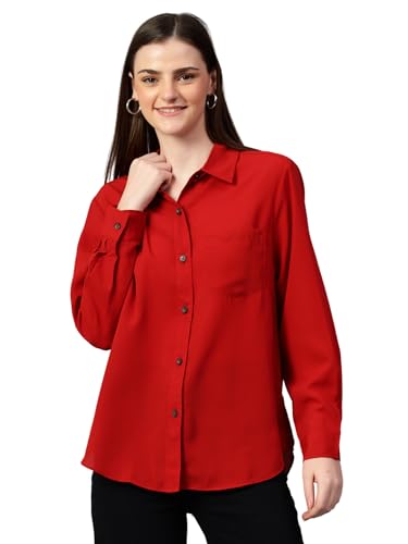 KOTTY Womens Oversized Cotton Blend Shirt(Red,S)