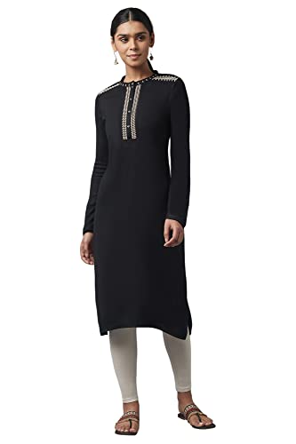 W For Woman Jet Black Embroidered Winter Kurta_23Now12860-217139_M