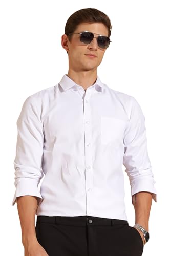 FYLTR Mens Slim Fit Shirt - Dobby Self Design | Full Sleeve | Functional Patch Pocket | White Formal Shirts for Men