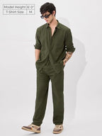 The Souled Store Solids: Olive Green Men And Boys Collared Neck Long Sleeve Button Front Regular Fit Cotton Linen Shirts Solid S