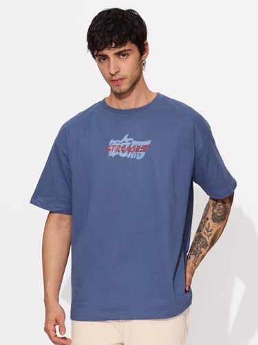 The Souled Store Official Baki Hanma: The Strongest Men And Boys Short Sleeves Round Neck Blue Graphic Printed Cotton Oversized