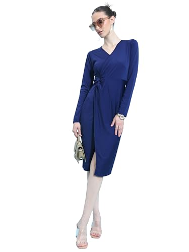 Ketch WomenS Polyester Blend Wrap Knee Length Dress (Khj6000449_Navy Blue_S)