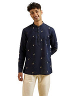 Manyavar MenS Blended Linen Embroidered Short Kurta (Blue,Xxl)