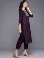 Varanga Women Purple Thread Embroidered Sequins Embellished Straight Kurta Paired With Bottom And Dupatta