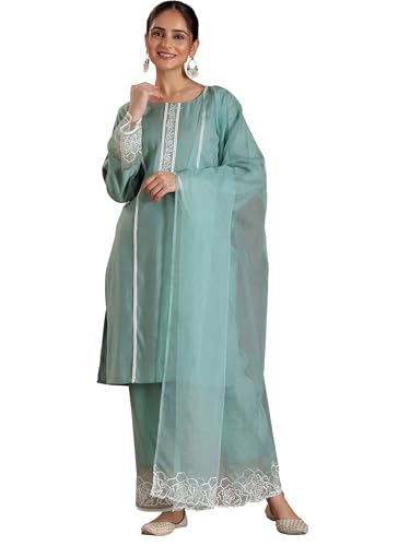 Libas Womens Self Design Silk Blend Straight Kurta With Palazzos And Dupatta