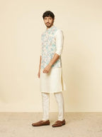 Manyavar Mens Green Blended Linen Printed Jackets