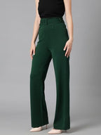 KOTTY Womens High Rise Viscose Rayon Relaxed Fit Korean Trousers Bottle Green
