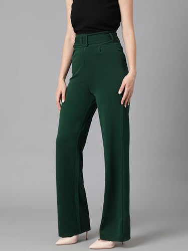 KOTTY Womens High Rise Viscose Rayon Relaxed Fit Korean Trousers Bottle Green