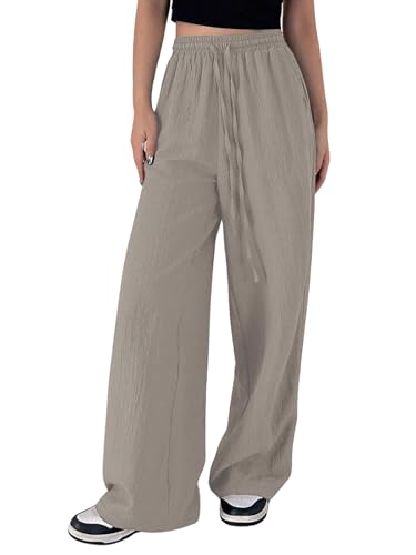 GRECIILOOKS Textured Trousers for Women Oversized Wide Leg Trousers (GL-TR1028-XL-BEIGE)