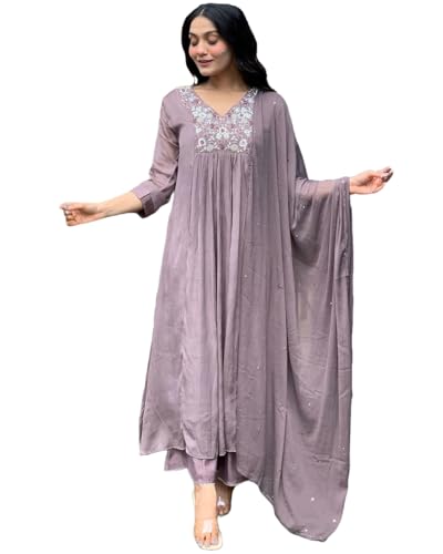 GoSriKi Womens Rayon Blend A-Line Embroidered Kurta with Pant & Dupatta (SHARMI Lavender-GS_XL_Lavender_X-Large)