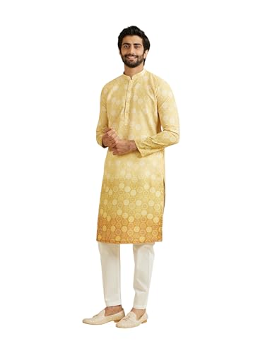 Manyavar MenS Cotton Blend Circular Bandhani Prints Kurta Pyjama Set(Yellow,Xxl)