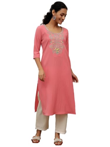 Libas WomenS Polyester Self Design Straight Kurta (290230H Pink