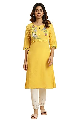 W For Woman Yellow Cotton Swiss Dot Embroidered Kurta_24Auw10056-220521_3Xl