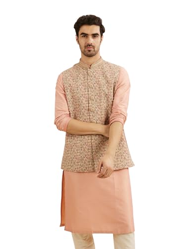 Manyavar MenS Cotton Blend Floral Patterned Nehru Jacket (Beige,S)
