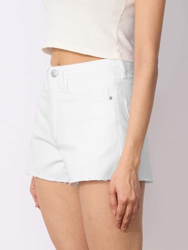 The Souled Store Denim Shorts: Moonlight Women and Girls Buttoned White Cotton Mini Above The Knee Denim Shorts